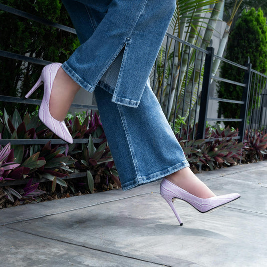 lavender pumps paired with oversized wide-leg jeans showcasing a modern streetwear-inspired fashion look