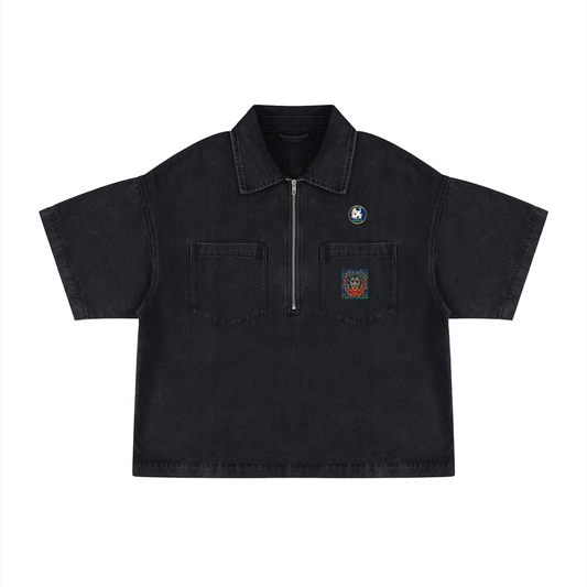 Unisex Vintage Wash Boxy Quarter-Zip Denim Shirt