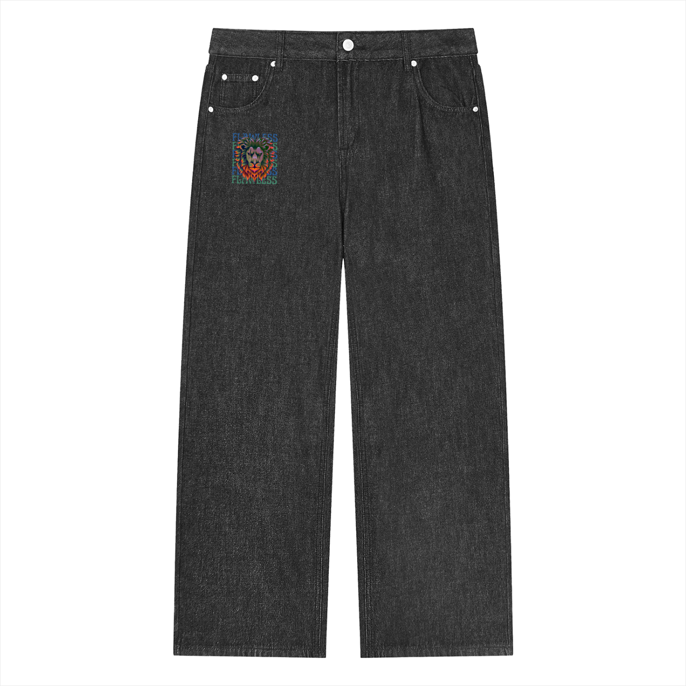 Unisex Vintage Wash Straight Leg Jeans – Fearless Lion Head Graphic Denim