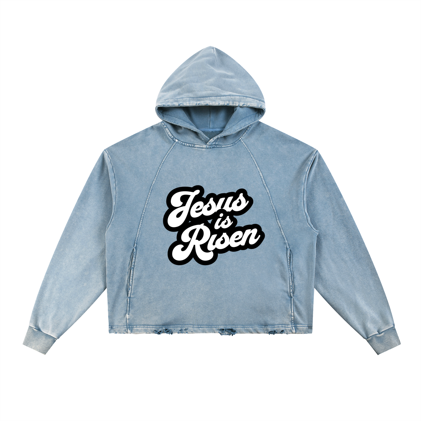 Vintage Wash Frayed Hem Hoodie – “Jesus Is Risen” Christian Graphic Streetwear Hoodie