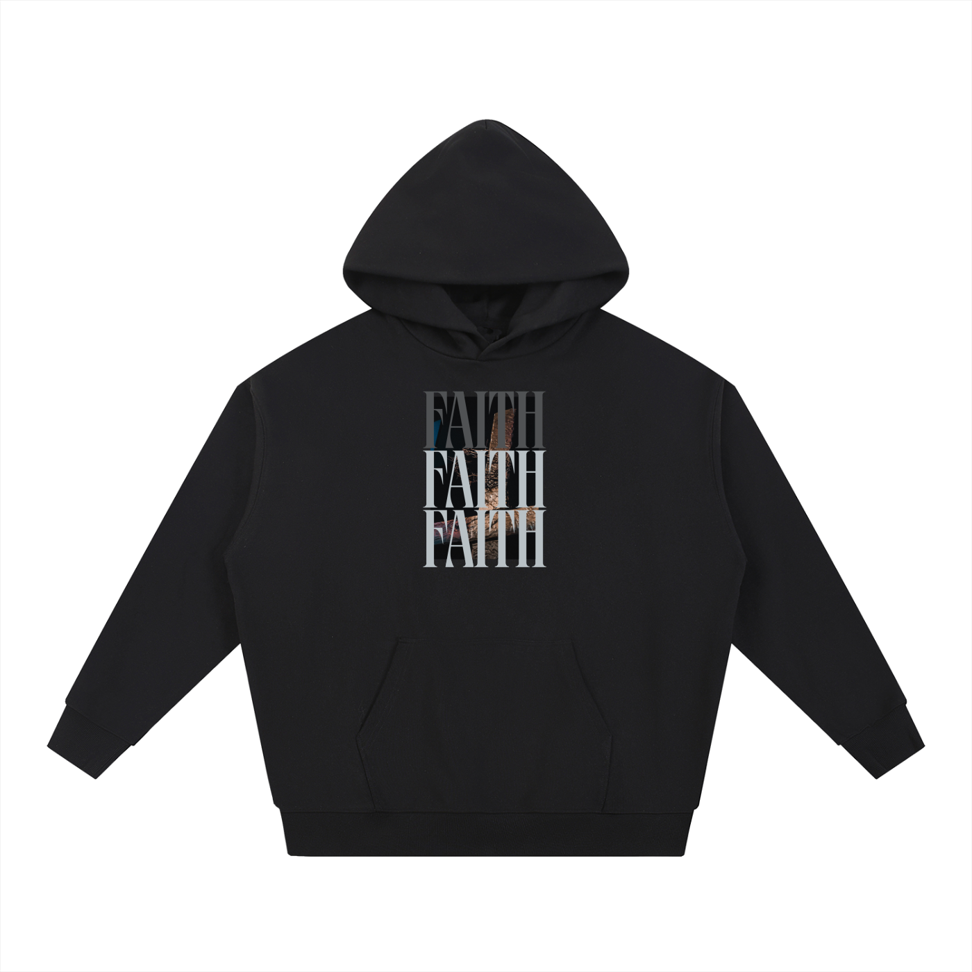 Essential heavyweight hoodie featuring a stacked FAITH typography design with a cross graphic in the background front view