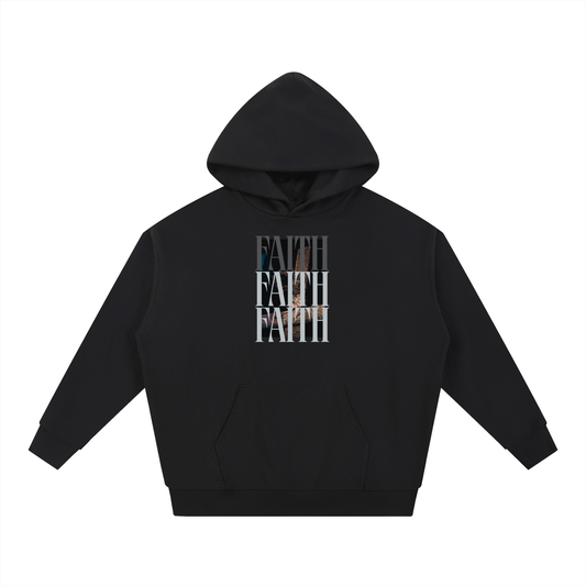 Essential heavyweight hoodie featuring a stacked FAITH typography design with a cross graphic in the background front view