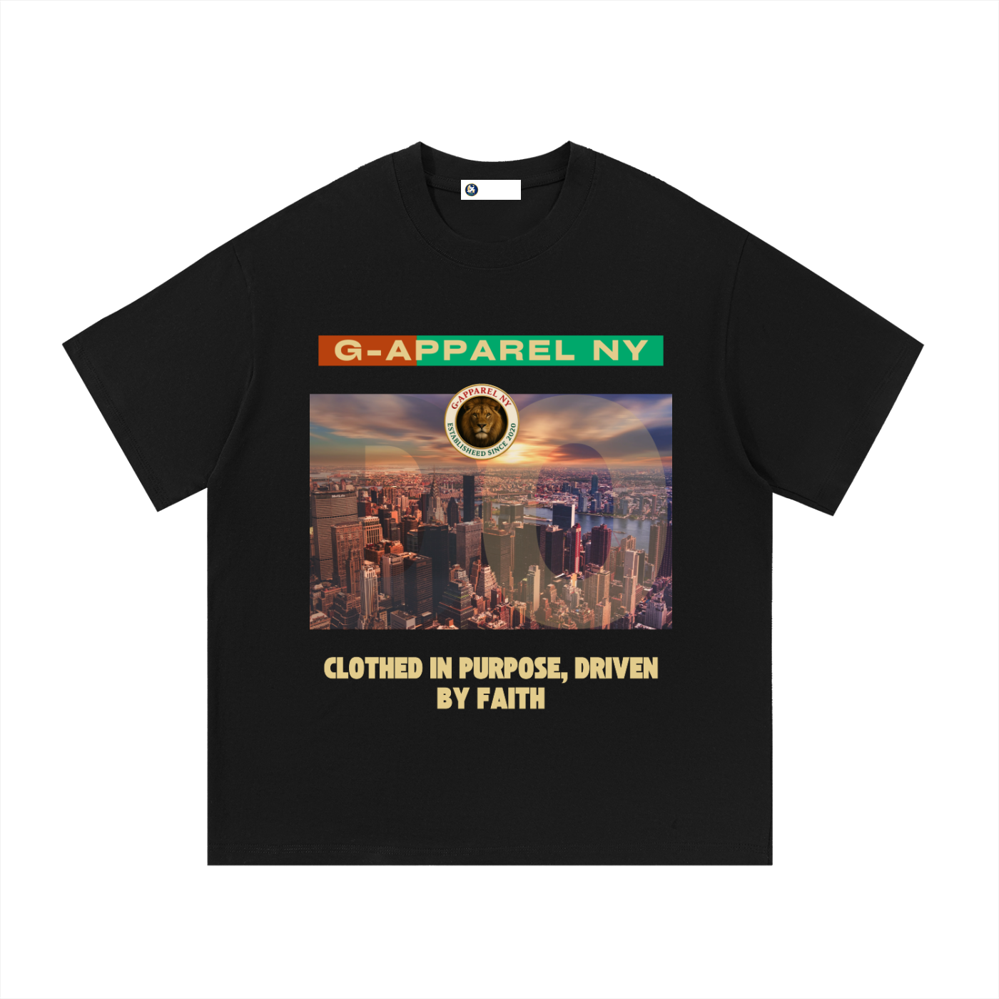  (Front View - Black T-Shirt):

“Black Essential Cotton Unisex T-Shirt featuring the G Apparel New York Manhattan skyline graphic with the inspirational message ‘Clothed in Purpose, Driven by Faith’ displayed on the front. Faith-based streetwear design combining New York city style, Christian inspiration, and modern urban fashion.”