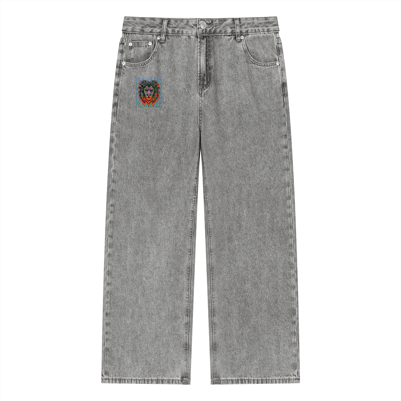 Unisex Vintage Wash Straight Leg Jeans – Fearless Lion Head Graphic Denim