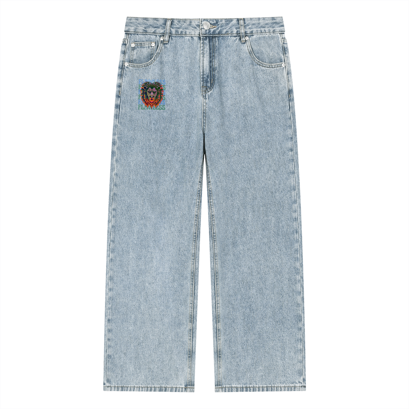 Unisex Vintage Wash Straight Leg Jeans – Fearless Lion Head Graphic Denim